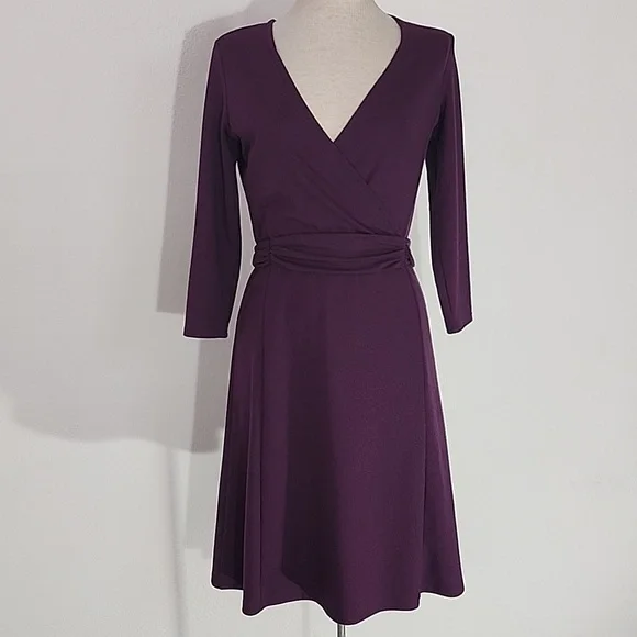 Lands' End Dress A-Line Stretchy Faux Belt 3/4 Sleeve Plum Size 4 - Picture 4 of 12